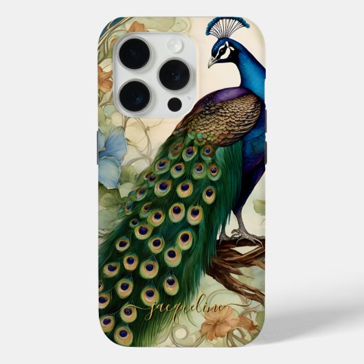 Elegant Peacock Feathers Art Nouveau Naam Case-Mate iPhone Case (Achterkant)
