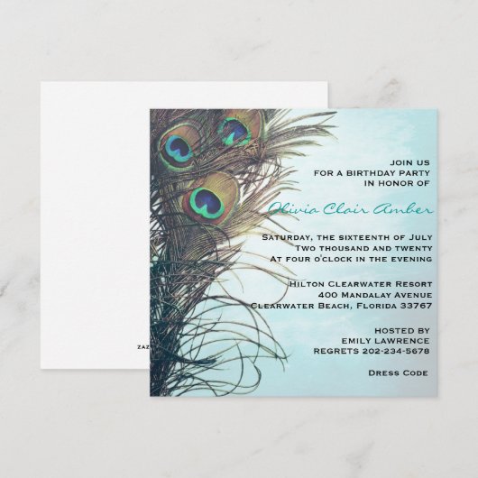 Elegant Peacock Feathers Birthday Party Invite Kaart (Voorkant / Achterkant)