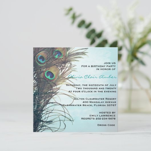 Elegant Peacock Feathers Birthday Party Invite Kaart (Staand voorkant)
