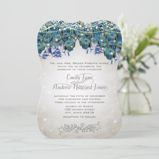 Elegant Peacock Feathers Blauwgroen Blue Green Tur Kaart (Staand voorkant)