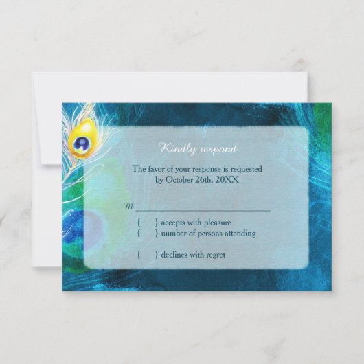 Elegant Peacock Feathers Blue Wedding RSVP (Voorkant)