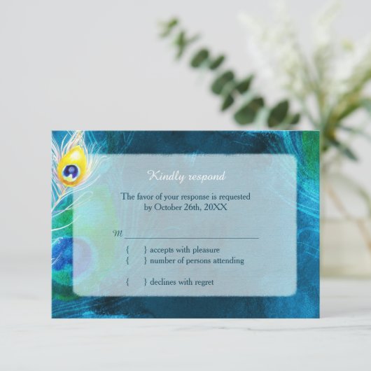 Elegant Peacock Feathers Blue Wedding RSVP (Staand voorkant)