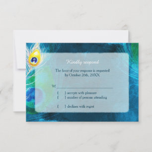 Elegant Peacock Feathers Blue Wedding RSVP Kaartje