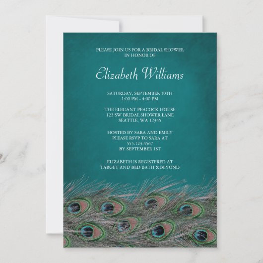 Elegant Peacock Feathers Bridal Shower Invitation Kaart (Voorkant)