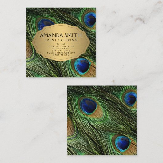 Elegant Peacock Feathers Faux Metallic Gold Vierkante Visitekaartje (Voorkant / Achterkant)
