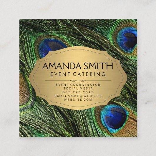 Elegant Peacock Feathers Faux Metallic Gold Vierkante Visitekaartje (Voorkant)