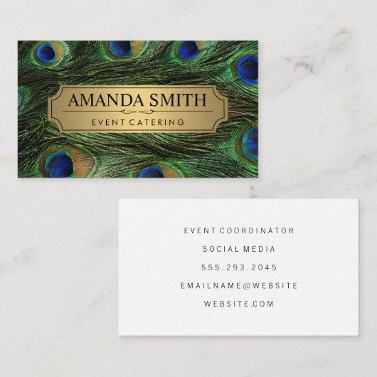 Elegant Peacock Feathers Faux Metallic Gold Visitekaartje (Voorkant / Achterkant)