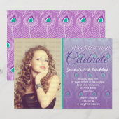 Elegant Peacock Feathers Foto Birthday Party Kaart (Voorkant / Achterkant)