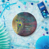 Elegant Peacock Feathers Jewel Scrollwork Weddensc Papieren Bordje (Feest)