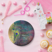 Elegant Peacock Feathers Jewel Scrollwork Weddensc Papieren Bordje (Feest)