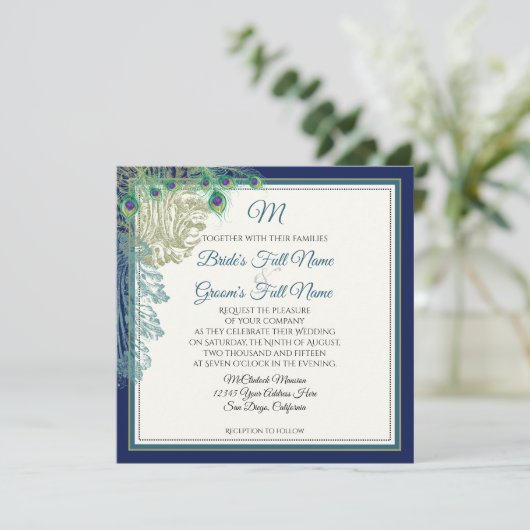 Elegant  Peacock Feathers Navy Blue Wedding Kaart (Staand voorkant)