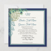 Elegant  Peacock Feathers Navy Blue Wedding Kaart (Voorkant)