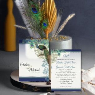 Elegant  Peacock Feathers Navy Blue Wedding Kaart