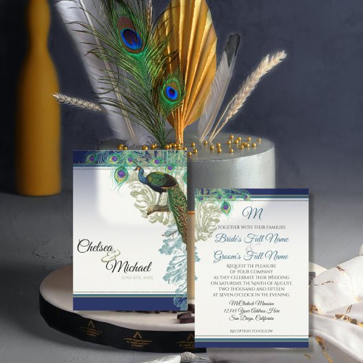Elegant  Peacock Feathers Navy Blue Wedding Kaart