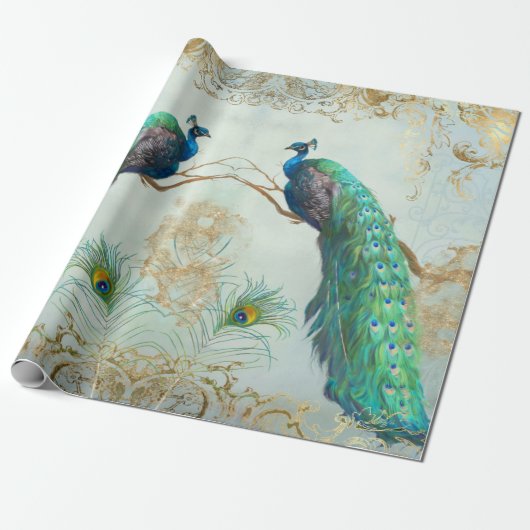 Elegant Peacock Feathers Pair Blue Gold Decoupage Cadeaupapier (Uitgerold)