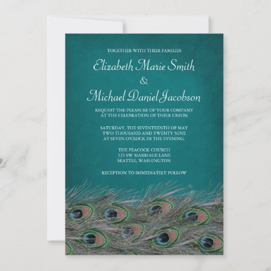 Elegant Peacock Feathers Wedding Invitation Kaart (Voorkant)