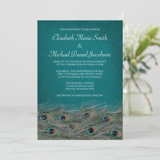 Elegant Peacock Feathers Wedding Invitation Kaart (Staand voorkant)
