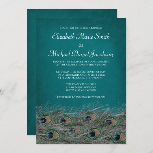 Elegant Peacock Feathers Wedding Invitation Kaart (Voorkant / Achterkant)