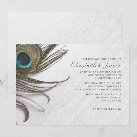 Elegant Peacock Feathers Wedding Invitations Kaart (Voorkant / Achterkant)