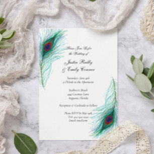 Elegant Peacock Feathers Wedding Kaart