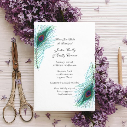 Elegant Peacock Feathers Wedding Kaart