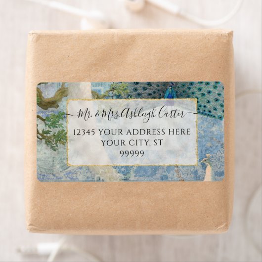 Elegant Peacock Feathers White Blue Gold Weddensch Etiket (Insitu)