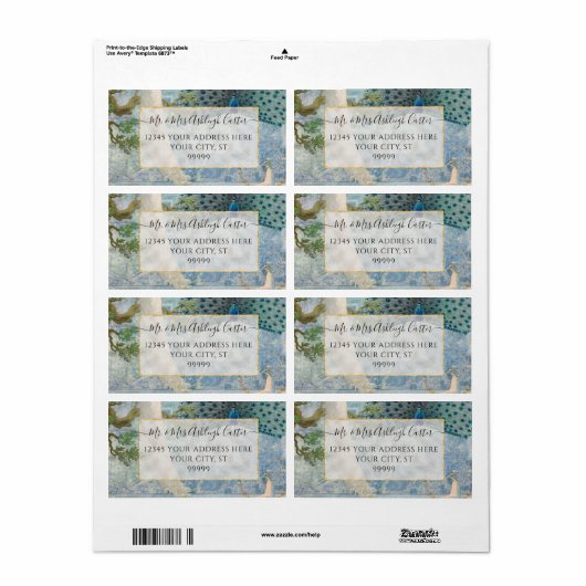 Elegant Peacock Feathers White Blue Gold Weddensch Etiket (Full Sheet)