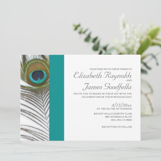 Elegant Peacock-feether Wedding Invitations Kaart (Staand voorkant)