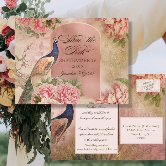 Elegant  Peacock Floral roze sparen de Datum Aankondigingskaart