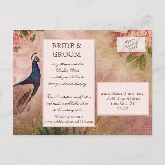 Elegant  Peacock Floral roze sparen de Datum Aankondigingskaart (Achterkant)