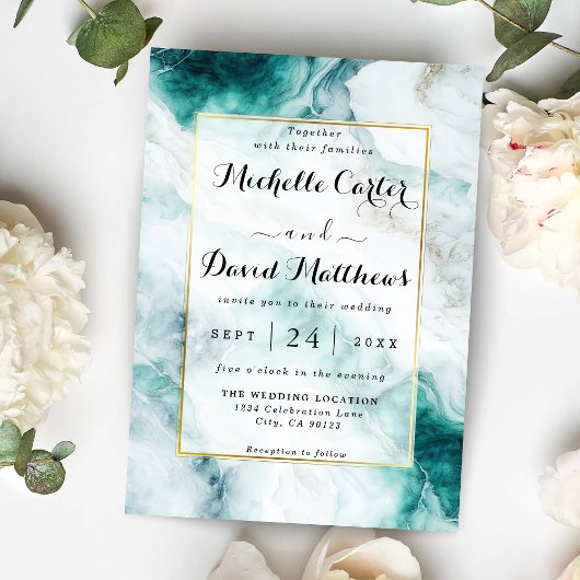 Elegant Peacock Green Marble Wedding Invitation Kaart