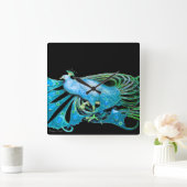 ELEGANT PEACOCK IN AQUA BLAUW, BLAUWGROEN EN ZWART VIERKANTE KLOK (Huis)