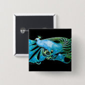 ELEGANT PEACOCK IN AQUA BLAUW BLAUWGROEN GROEN, ZW VIERKANTE BUTTON 5,1 CM (Voorkant /achterkant)