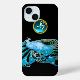 ELEGANT PEACOCK IN BLAUW, AQUAMARINE MONOGRAM iPhone 15 CASE