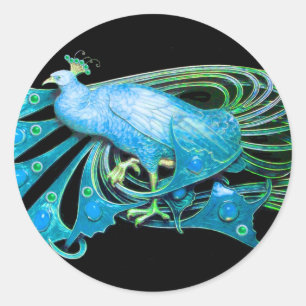 ELEGANT PEACOCK IN BLAUWGROEN AQUA BLUE, ZWART RONDE STICKER