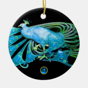 ELEGANT PEACOCK IN BLUE SAPPHIRE, blauwgroen, turq Keramisch Ornament