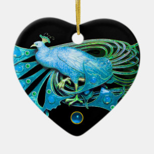 ELEGANT PEACOCK IN BLUE SAPPHIRE HEART KERAMISCH ORNAMENT