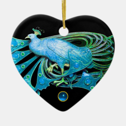 ELEGANT PEACOCK IN BLUE SAPPHIRE HEART KERAMISCH ORNAMENT (Voorkant)
