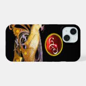 ELEGANT PEACOCK IN GEEL, RUBY MONOGRAM iPhone 15 HOESJE (Achterkant horizontaal)