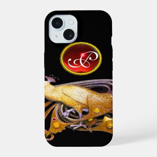 ELEGANT PEACOCK IN GEEL, RUBY MONOGRAM iPhone 15 HOESJE (Achterkant)