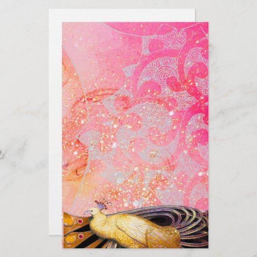 ELEGANT PEACOCK IN GEEL SPARKENDE PINK FUCHSIA BRIEFPAPIER (Voorkant / Achterkant)