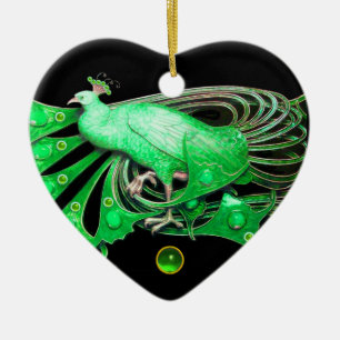 ELEGANT PEACOCK IN GREEN EMERALD HEART KERAMISCH ORNAMENT