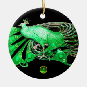 ELEGANT PEACOCK IN GREEN EMERALD KERAMISCH ORNAMENT