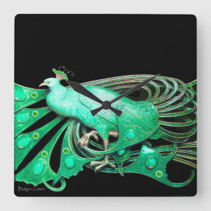 ELEGANT PEACOCK IN GROEN EN ZWART VIERKANTE KLOK