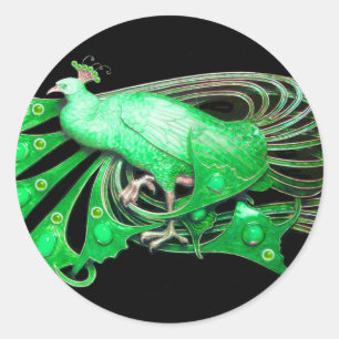 ELEGANT PEACOCK IN GROEN, ZWART RONDE STICKER