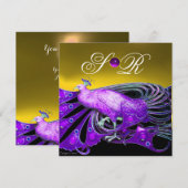 ELEGANT PEACOCK IN PAARS, GEEL WEDDENDE MONOGRAM KAART (Voorkant / Achterkant)