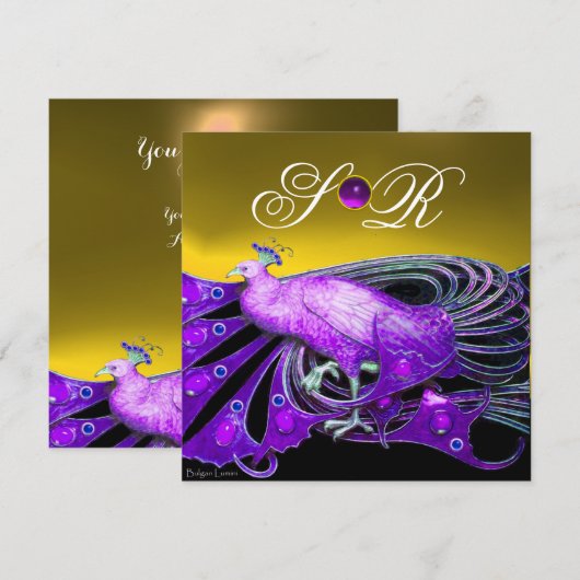 ELEGANT PEACOCK IN PAARS, GEEL WEDDENDE MONOGRAM KAART (Voorkant / Achterkant)