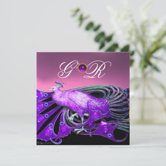 ELEGANT PEACOCK IN PAARS, PINK WEDDING MONOGRAM KAART (Staand voorkant)