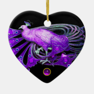 ELEGANT PEACOCK IN PAARSE AMETHYST HEART KERAMISCH ORNAMENT
