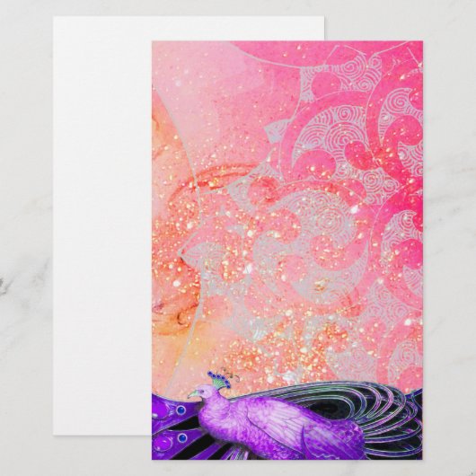ELEGANT PEACOCK IN PAARSE SPARKELPINKFUCHSIA BRIEFPAPIER (Voorkant / Achterkant)